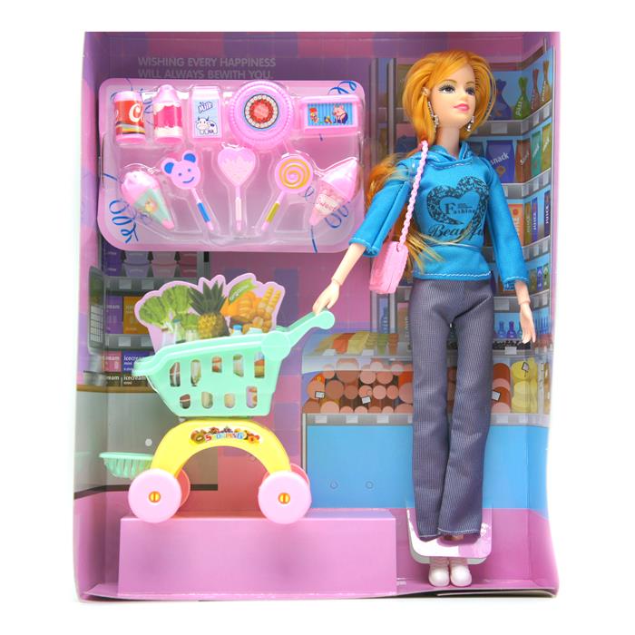 Кукла (шарнирная) в брюках + тележка супермаркета + аксессуары 33*25см /коробка LY514