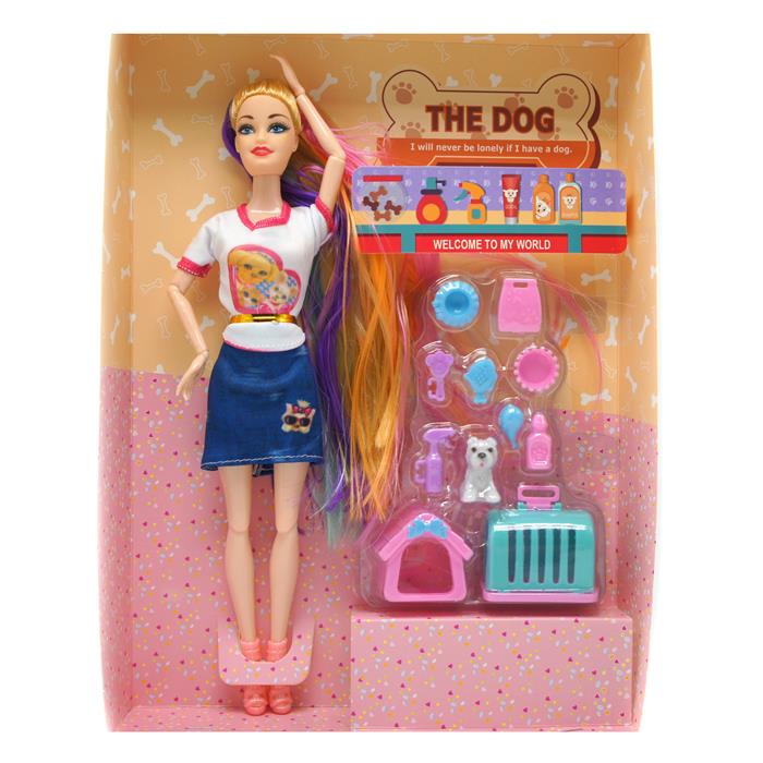 Кукла (шарнирная) с длинными разноцветными волосами + питомец + аксессуары 33*25см / коробка 0128-1