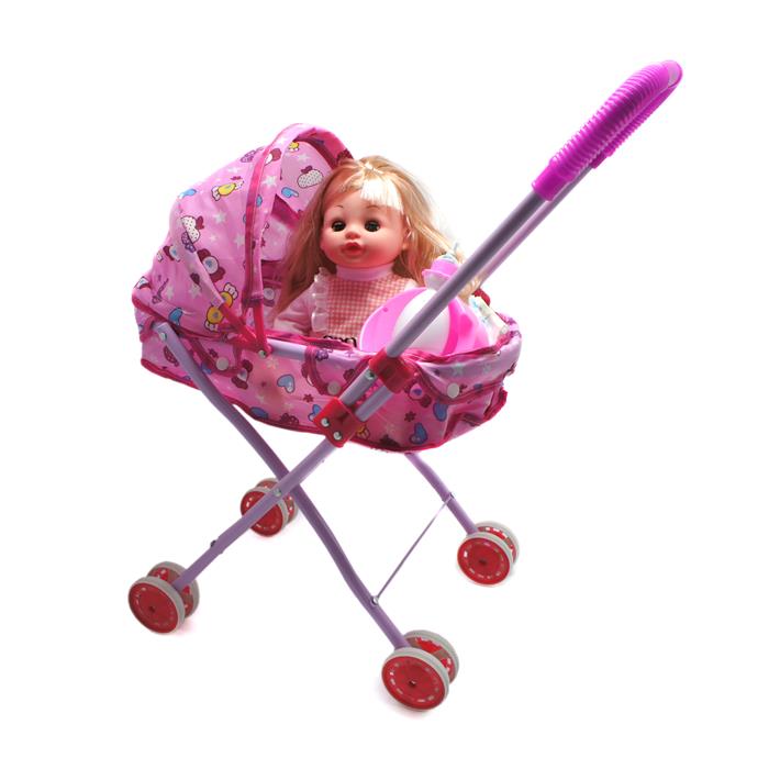 Кукла в коляске лежачей (металлич.) (пьет,ходит на горшок) + аксессуары 53*27см/пакет-сумка 1818-40