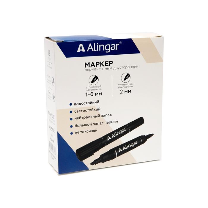 Маркер  черный  Alingar перманент пулевидный cкошенный двухсторонний 1-6мм/2мм (вып.по 2шт.) AL5538
