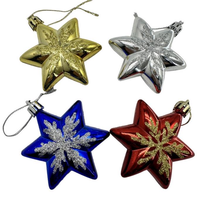 Елочное украшение Звезда разноцветная со снежинкой 6см в наборе/4шт. 6727